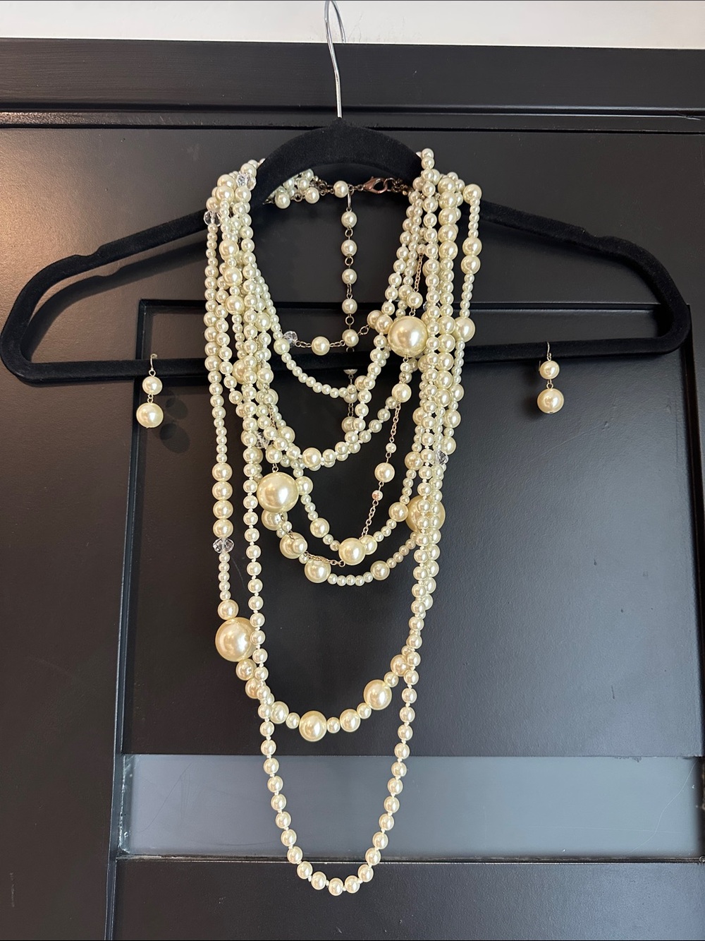 Multi-Strand Faux Pearl Necklace and Drop Earrings - Cream